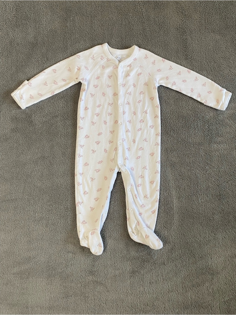 Ralph Lauren Pink Teddy Bears White Cotton Sleeper 9M Footed Snap Cottagecore